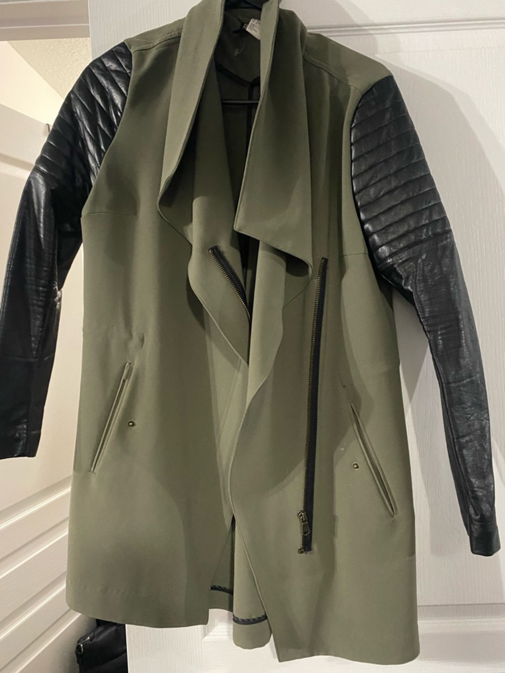 H&M Olive Green Trench with Black Faux Leather Sleeves